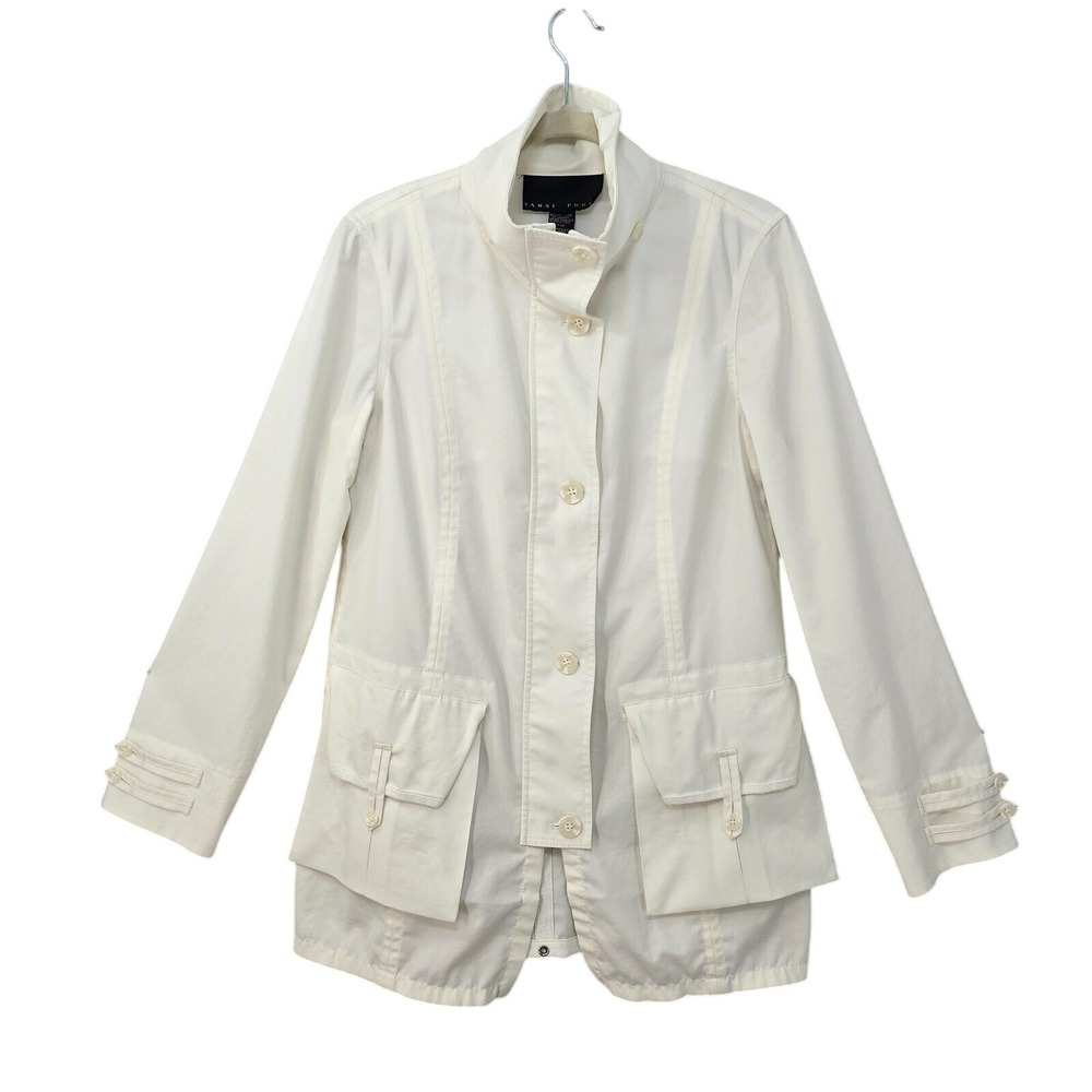 Yansi Fugel Womens White Utility Safari Jacket Funnel Neck Cargo Pockets Size 8
